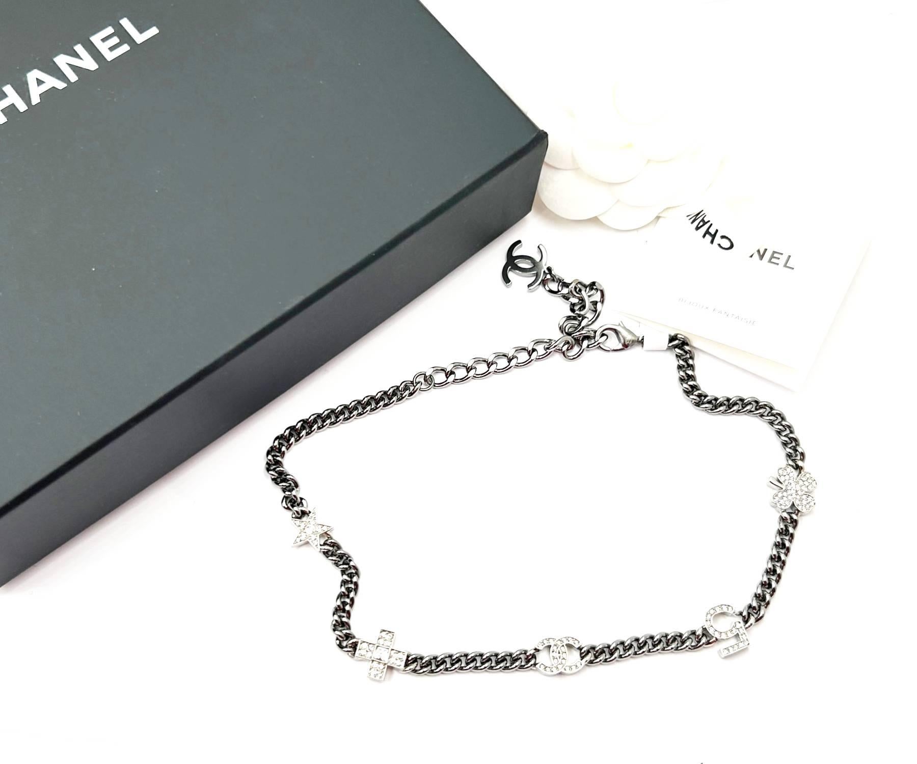 Chanel Brand New Silver 5 Crystal Charms Gunmetal Chain Choker Necklace ...