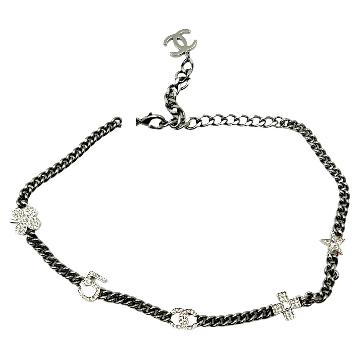 Chanel - Brand 5 Charms Gunmetal Chain Choker Necklace Italian Artisan Crystal Silver
