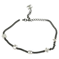 Chanel Brand New Argent 5 Crystal Charms Gunmetal Chain Choker Necklace