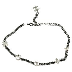 Chanel Brand New Silver 5 Motif Crystal Charms Grey Chain Choker Necklace