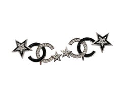 Chanel Brand New Silver CC Black Enamel Star Ear Cuff Piercing Earrings