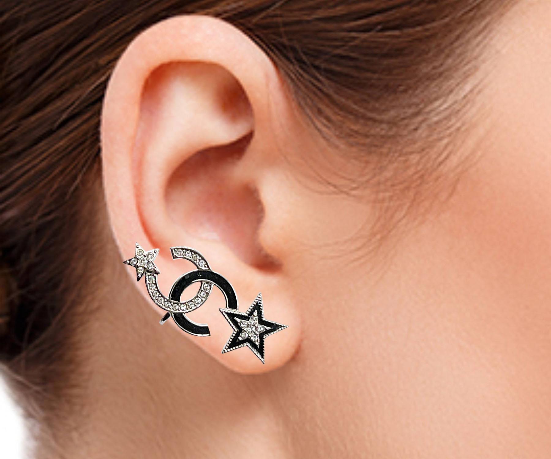 Artisan Chanel Brand New Silver CC Black Enamel Star Ear Cuff Piercing Earrings  