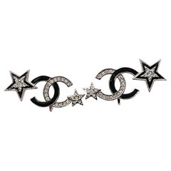 Chanel Brand New Silver CC Black Enamel Star Ear Cuff Piercing Earrings  