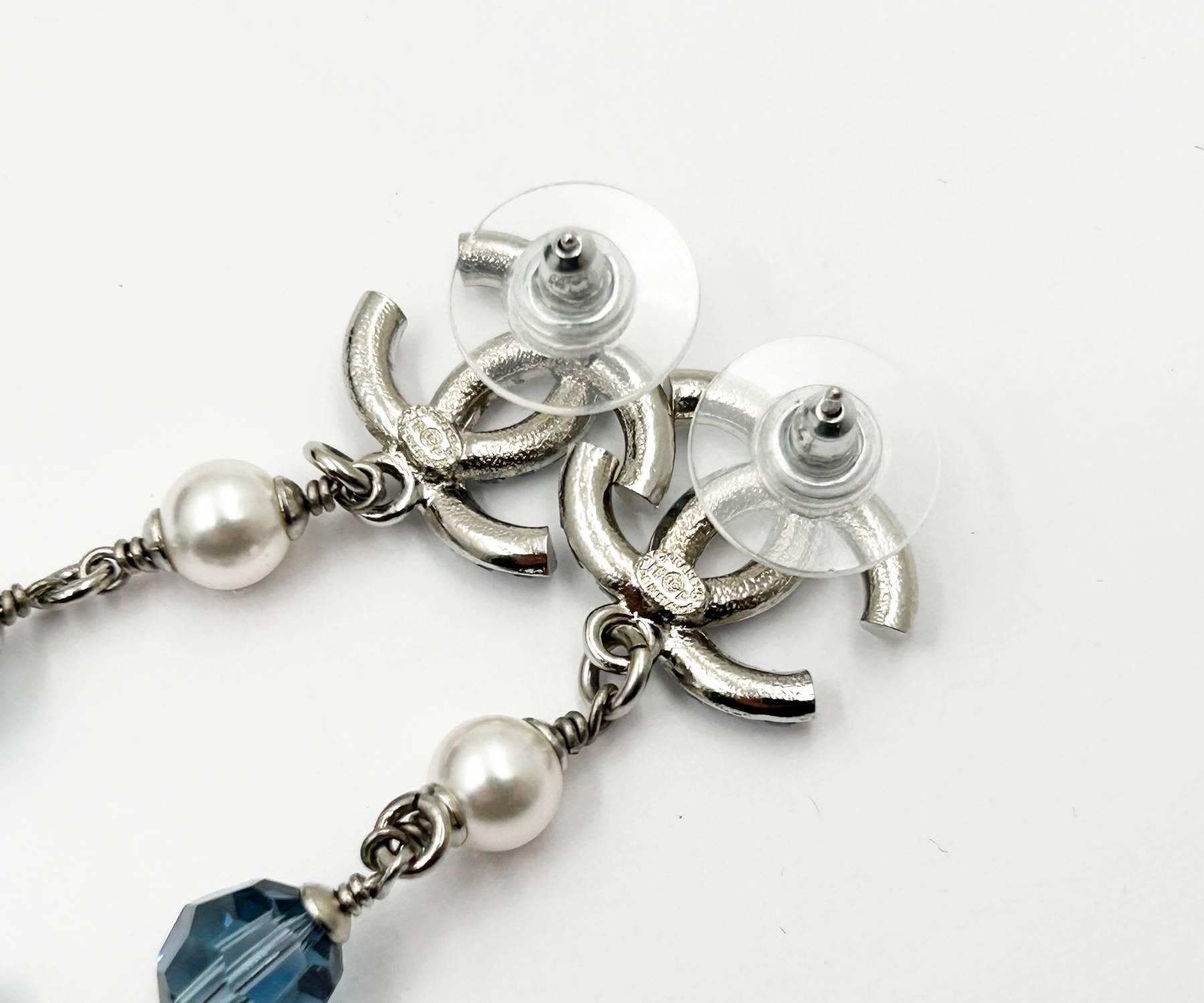 Artisan Chanel Brand New Silver CC Blue Princess Crystal Pearl Super Long Earrings