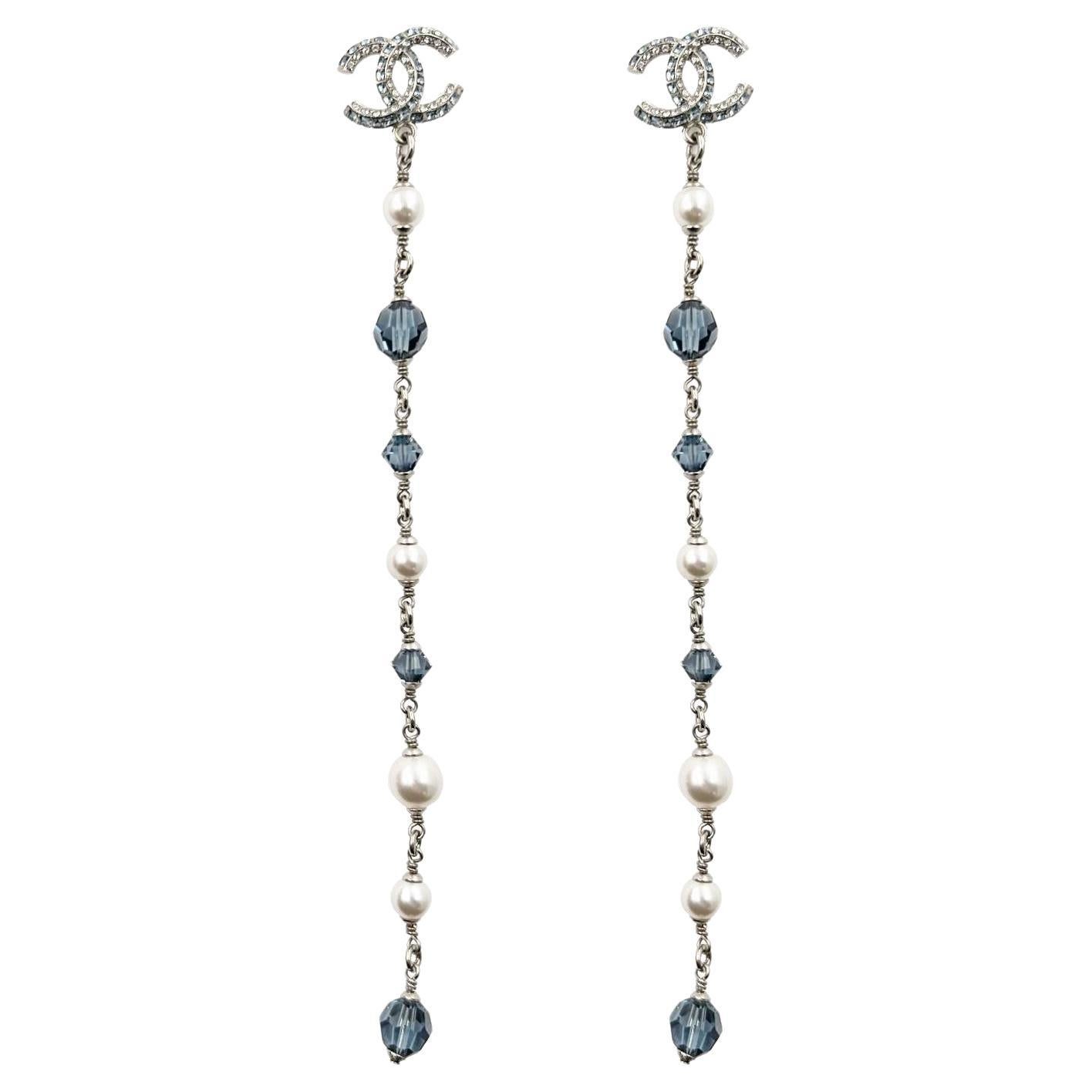 Chanel Brand New Silver CC Blue Princess Crystal Pearl Super Long Earrings