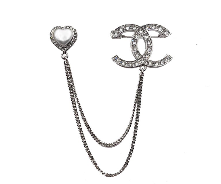 Chanel Brand New Silver CC crystal Heart Pin Link Brooch