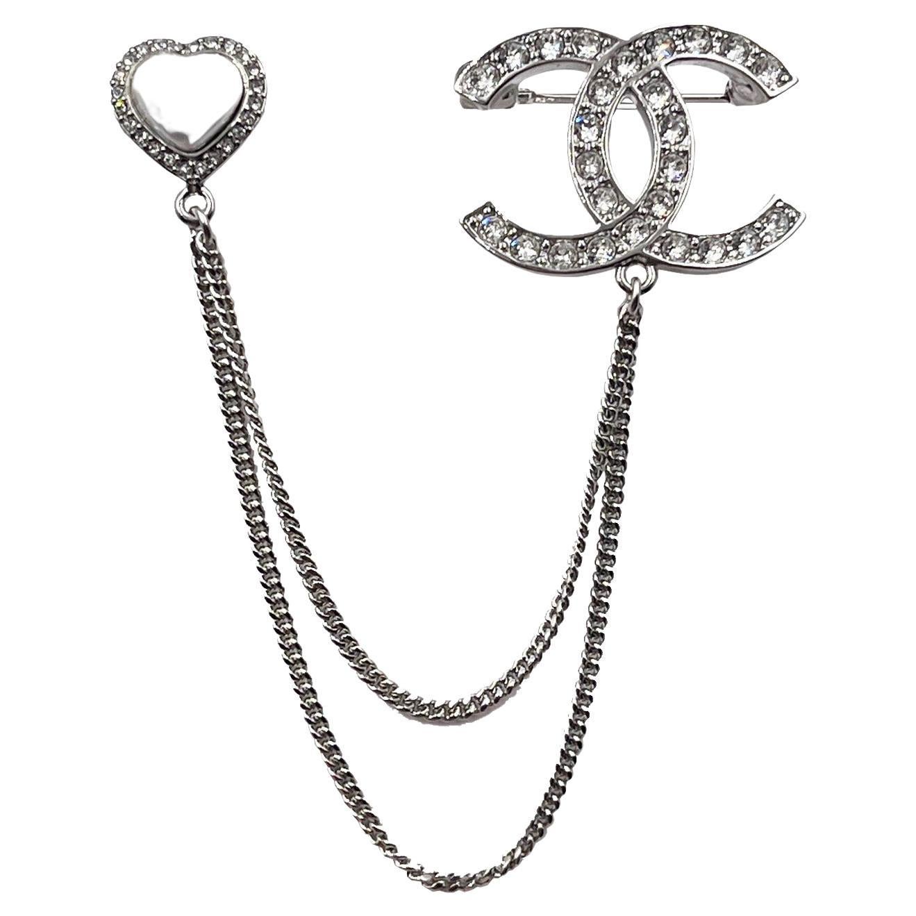 Chanel Brand New Silver CC crystal Heart Pin Link Brooch