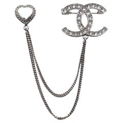 Chanel Brand New Silver CC crystal Heart Pin Link Brooch 