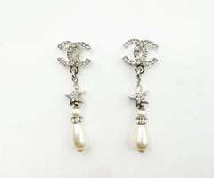 Chanel Brand New Silver CC Crystal Star Tear Drop Pearl Piercing Earrings