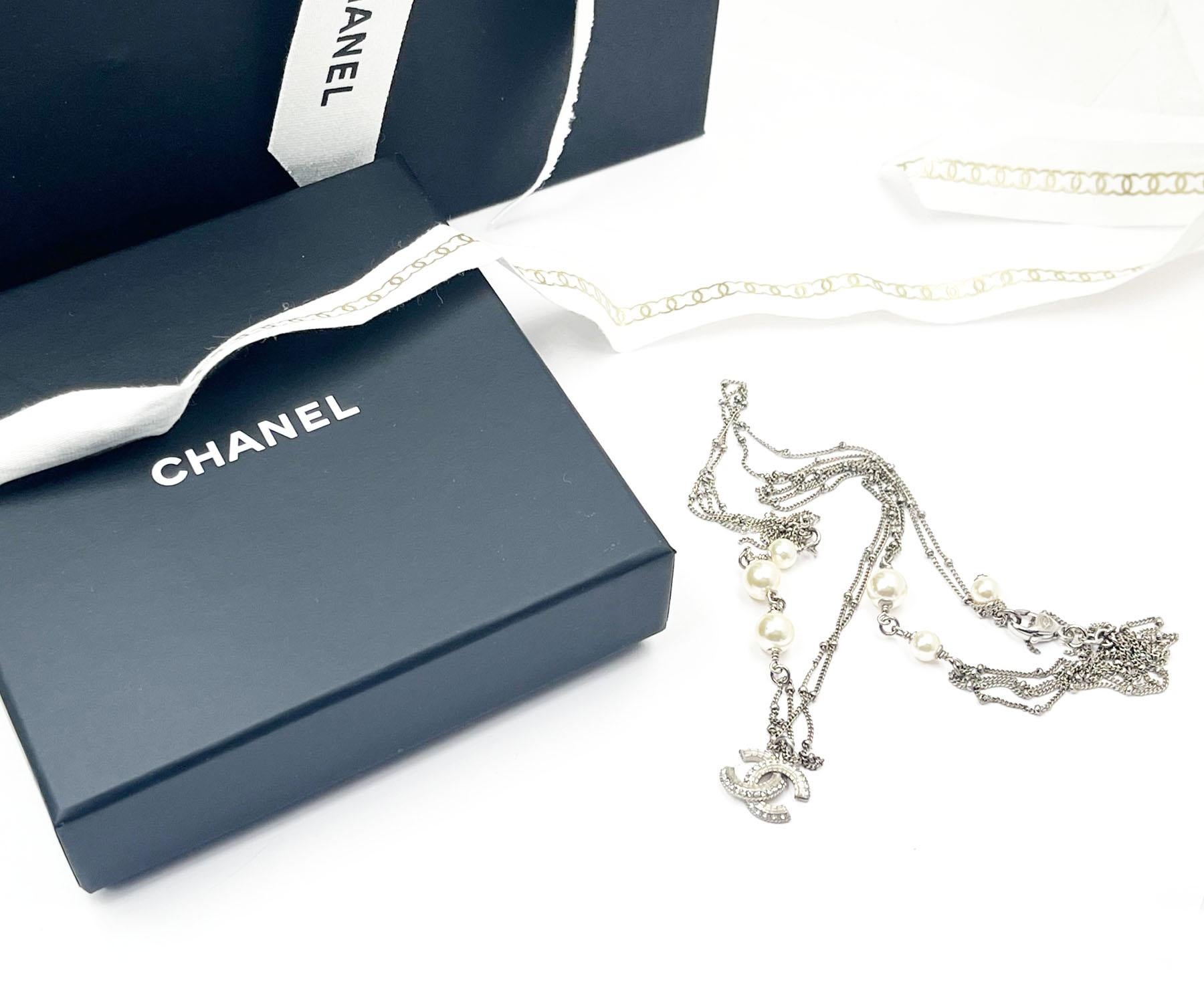 Artisan Chanel Brand New Silver CC Enamel Crystal Multi Chain Pearl Necklace 