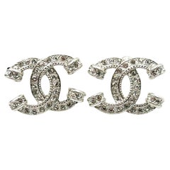 Chanel Brand New Silver CC Pillar Crystal Piercing Earrings 