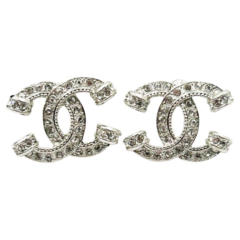 Chanel Brand New Silver CC Pillar Crystal Piercing Earrings For
