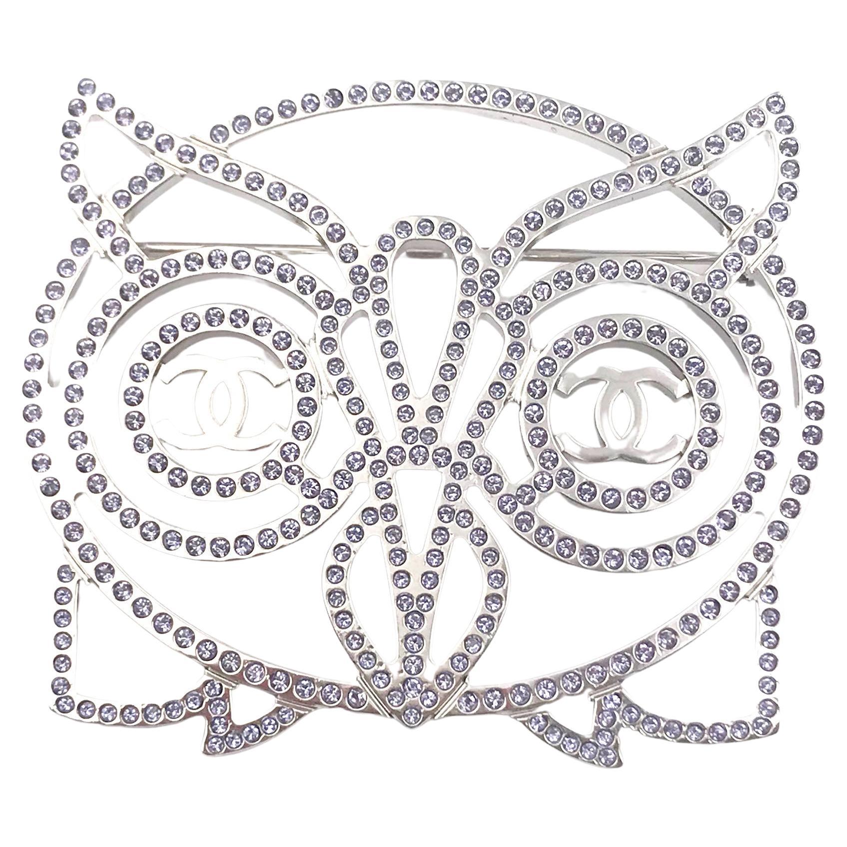 Chanel Brand New Silver Owl Light Lavender Crystal Brooch For Sale
