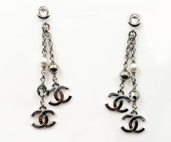 Chanel Brand New Silver Round Crystal Silver Bead Pearl CC Dangle Earrings