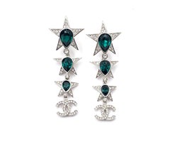 Chanel Brand New Silver Star Green Stone CC Long Piercing Earrings