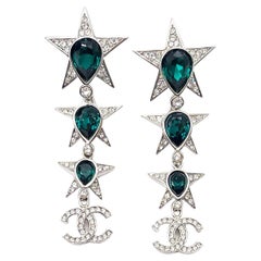 Chanel Brand New Silver Star Green Stone CC Long Piercing Earrings
