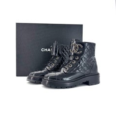 Chanel Brave Shiny Calfskin Quilted CC Chain Cap Toe Platform Short Boots 37