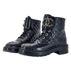 Chanel Brave Shiny Calfskin Quilted CC Chain Cap Toe Platform Short Boots 37