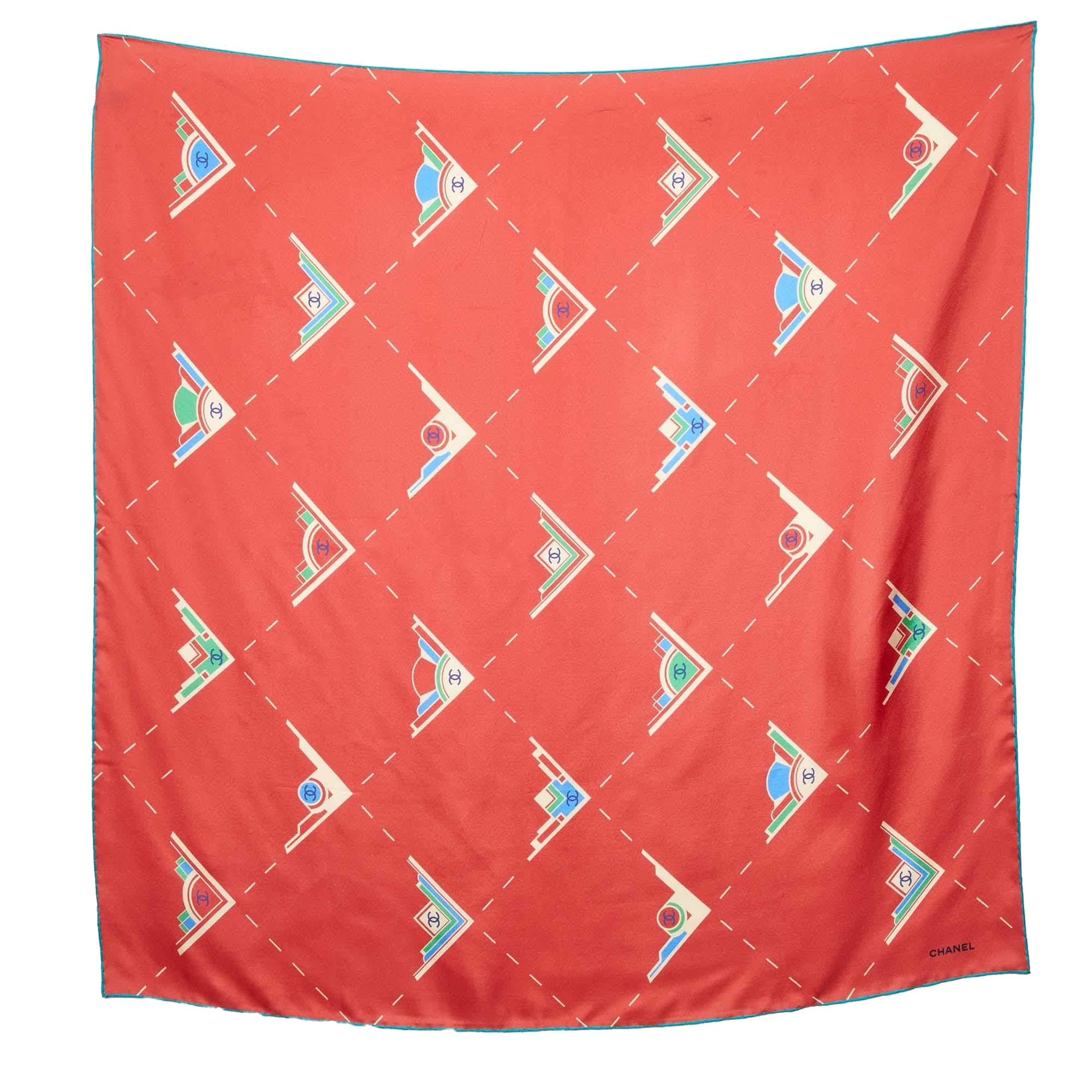 Chanel Brick Red Geometric CC Print Silk Square Scarf