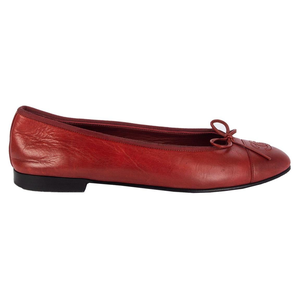 CHANEL brick red leather w FAUX PATINA Ballet Flats Shoes 39