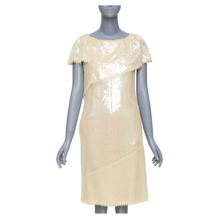 chanel beige dress Bridal 08P sequinned raw edge asymmetric capelet shift FR36 S For Sale at 1stDibs Outfits