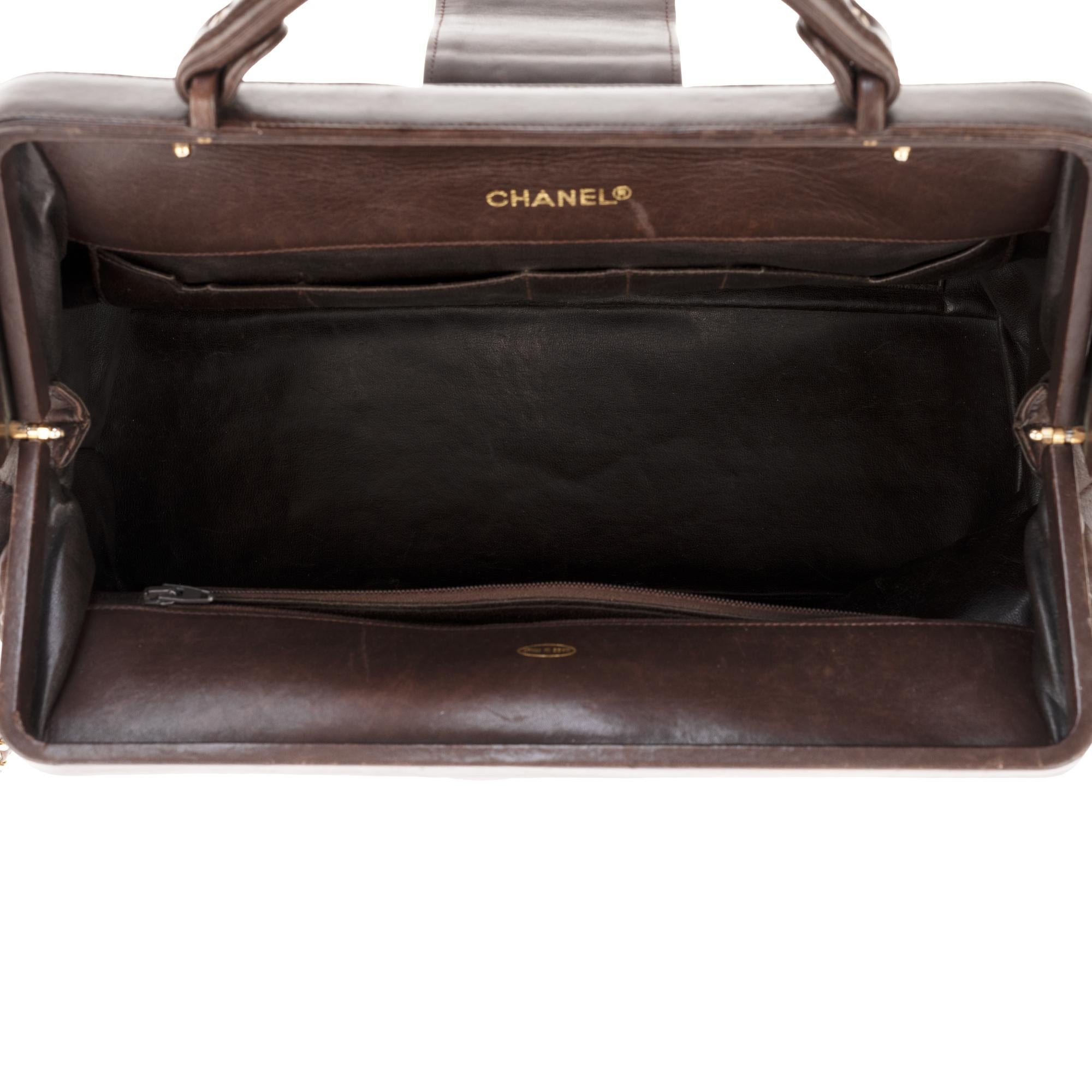 Chanel briefcase style handbag in brown quilted lambskin ! In Good Condition In Paris, IDF