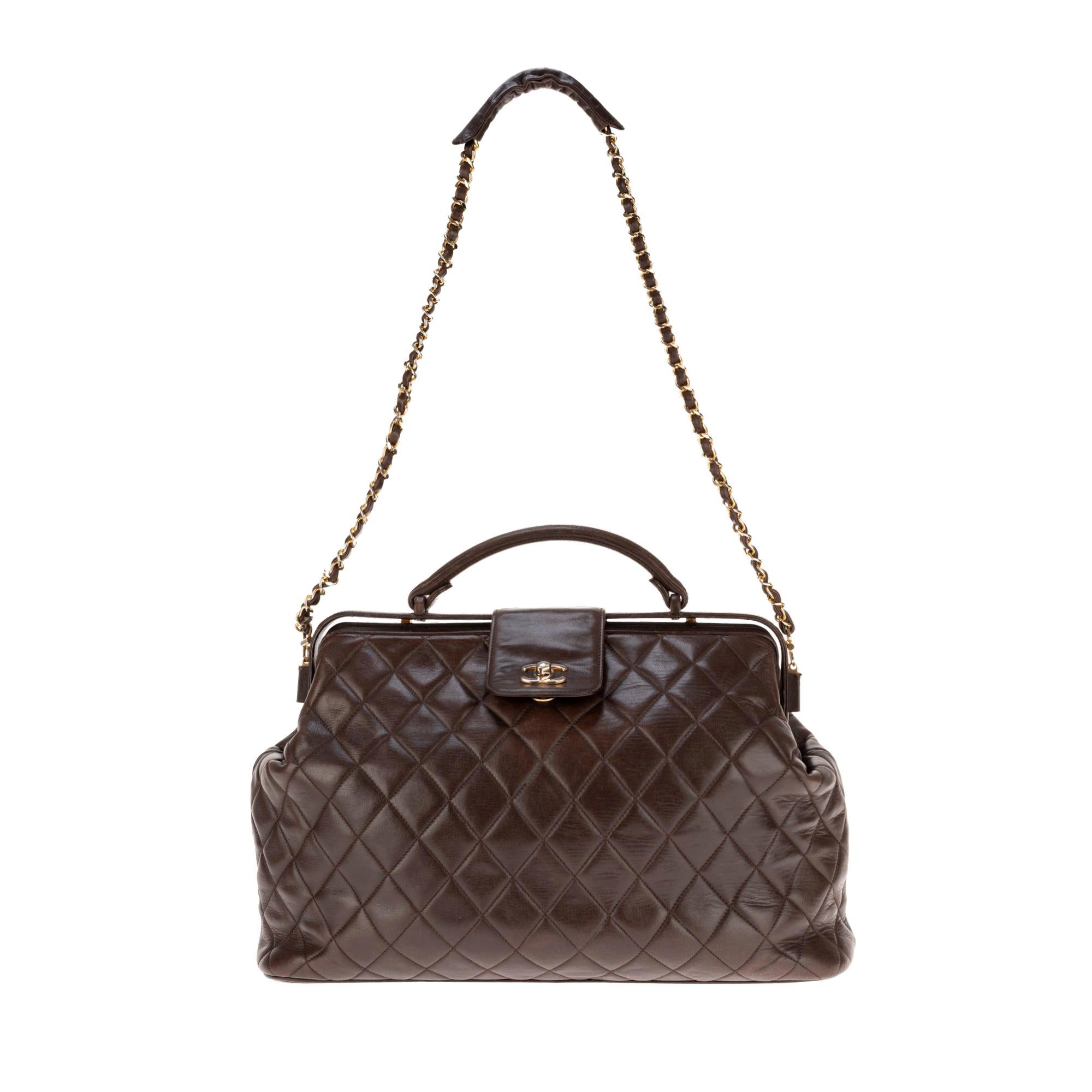 Chanel briefcase style handbag in brown quilted lambskin !