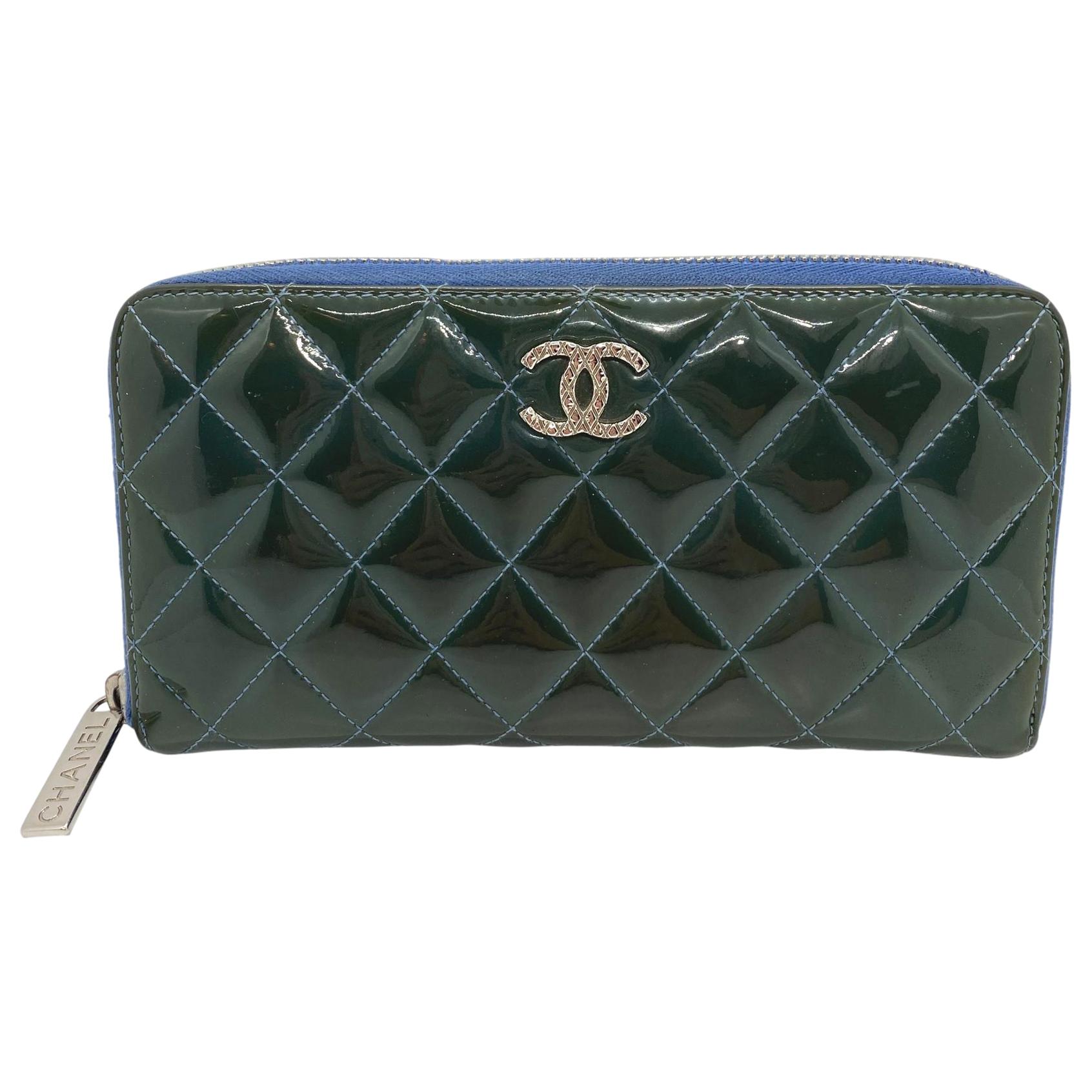 Chanel Brilliant Deep Marine Bi-Color Patent Lambskin Leather Gusset Zip Wallet