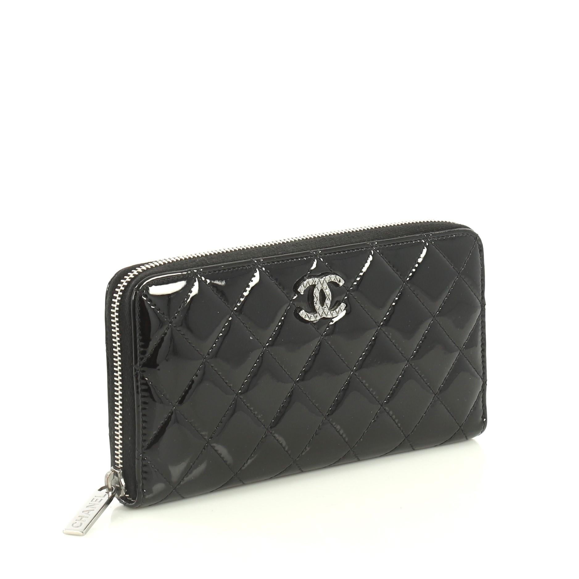 Black Chanel Brilliant Zip Around Wallet Quilted Patent Long