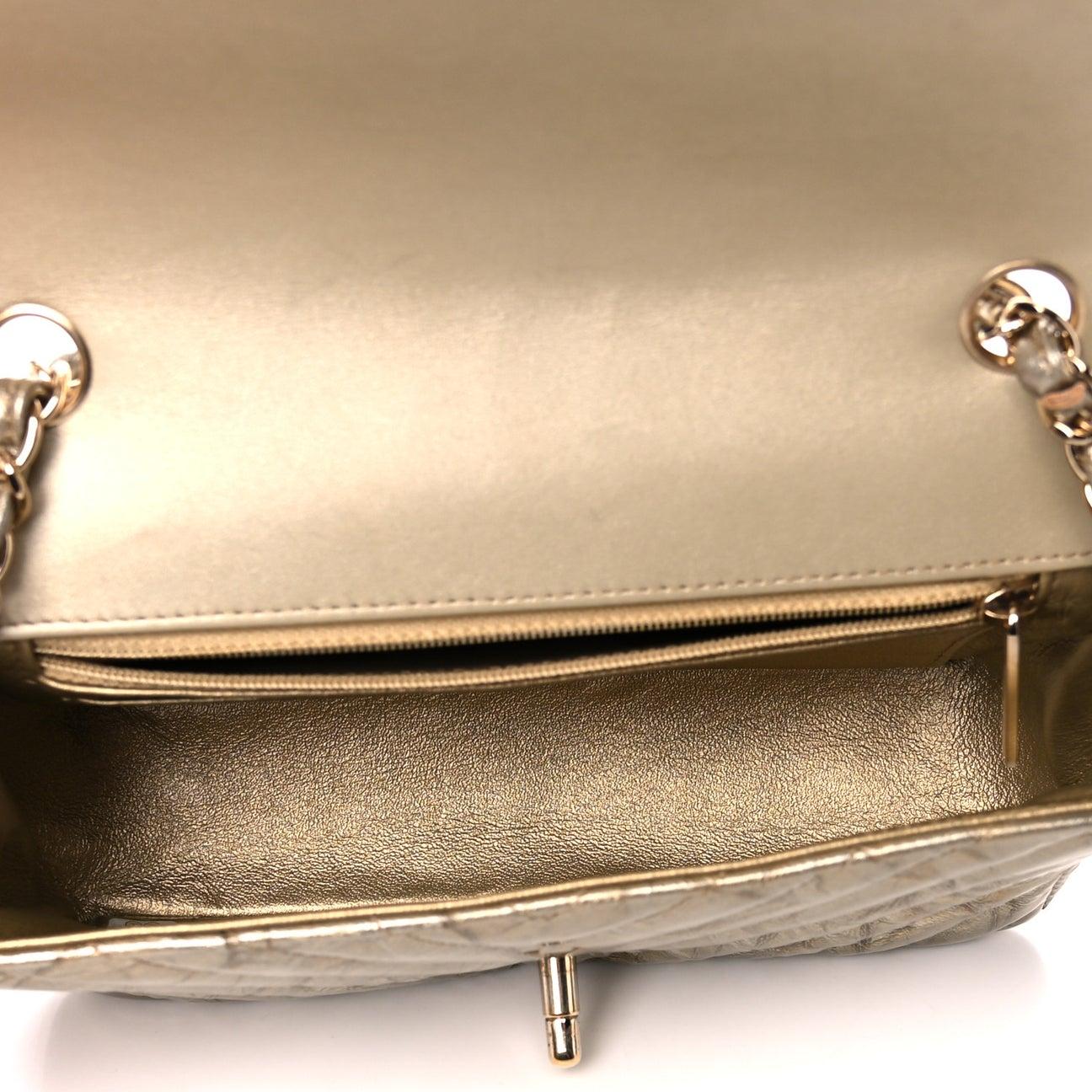 Women's CHANEL Bronze Gold Calfskin Patent Chevron Leather Gold Shoulder Flap Bag 