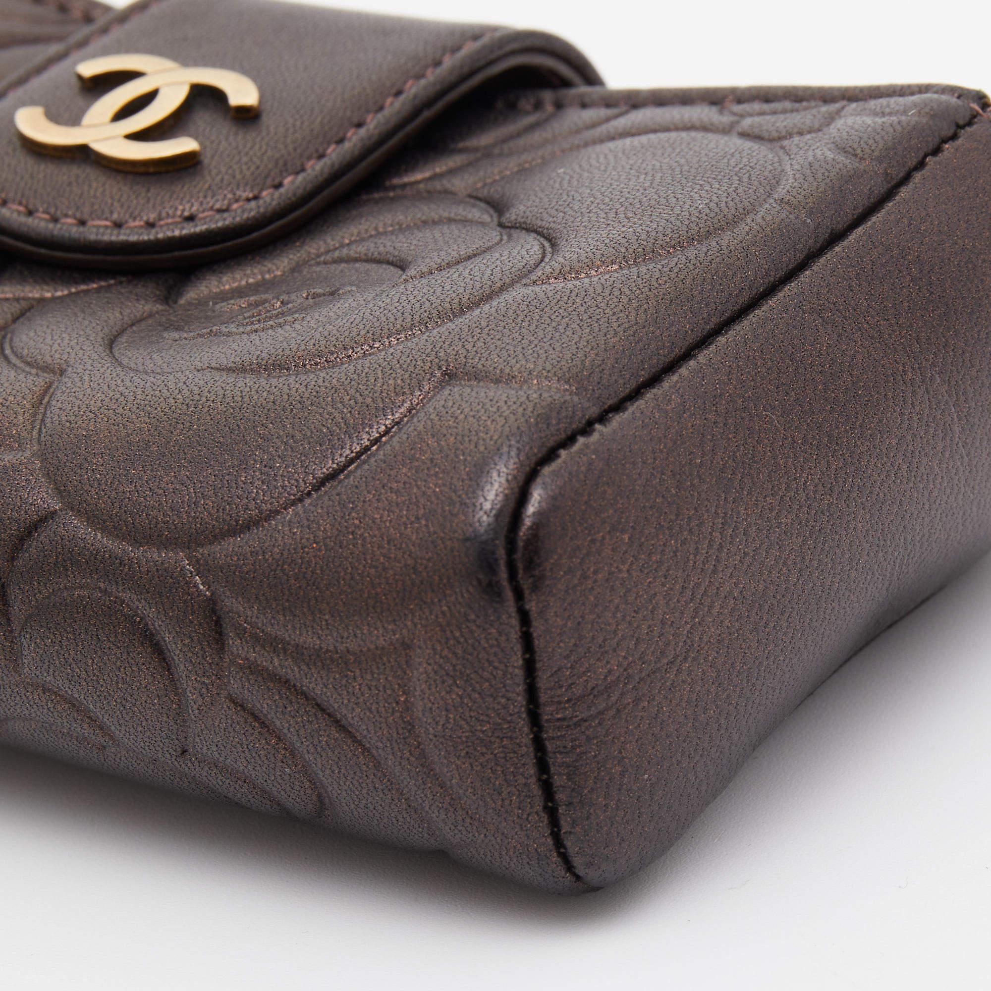 Chanel Bronze Leather Camelia Embossed Phone Pouch 6