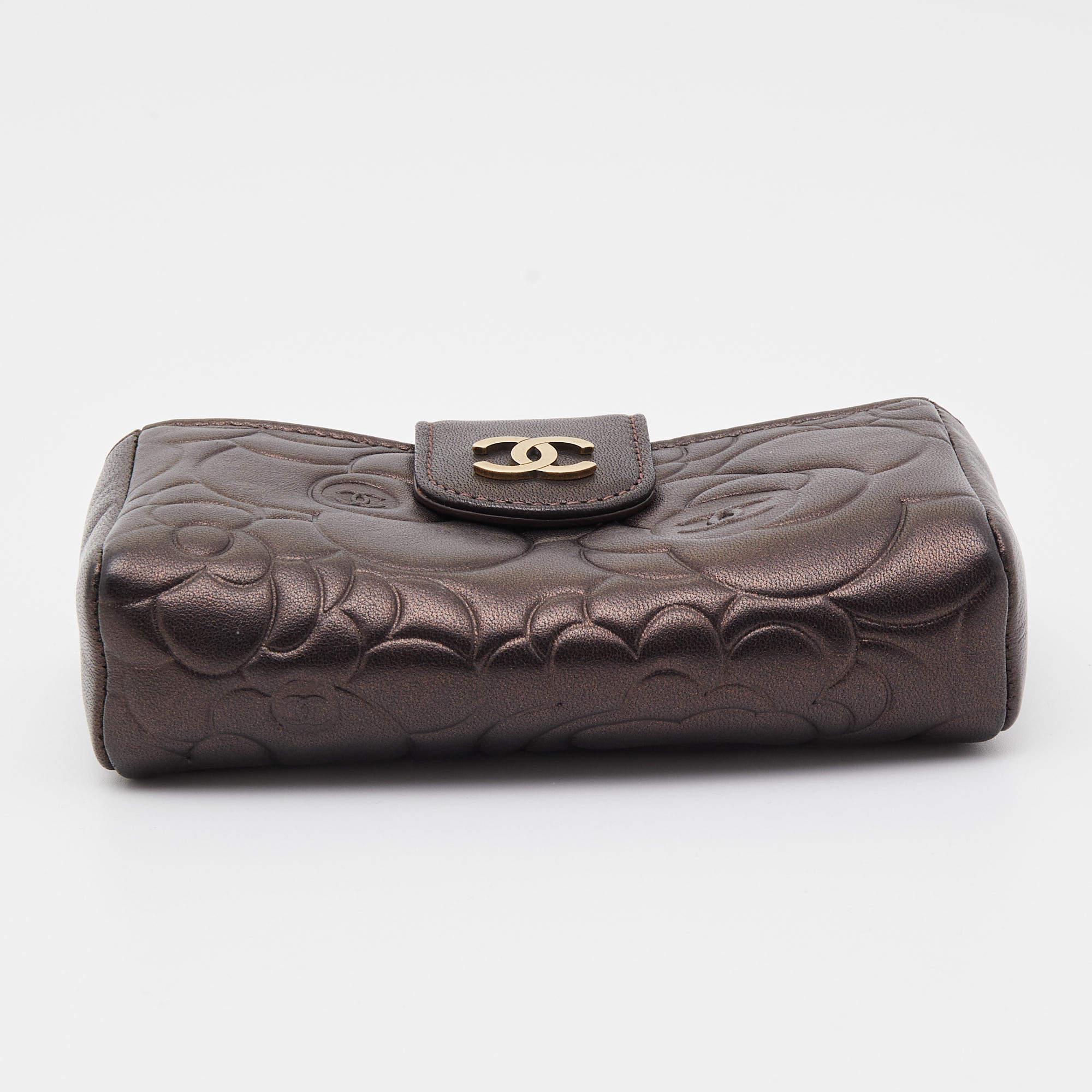 Women's Chanel Bronze Leather Camelia Embossed Phone Pouch