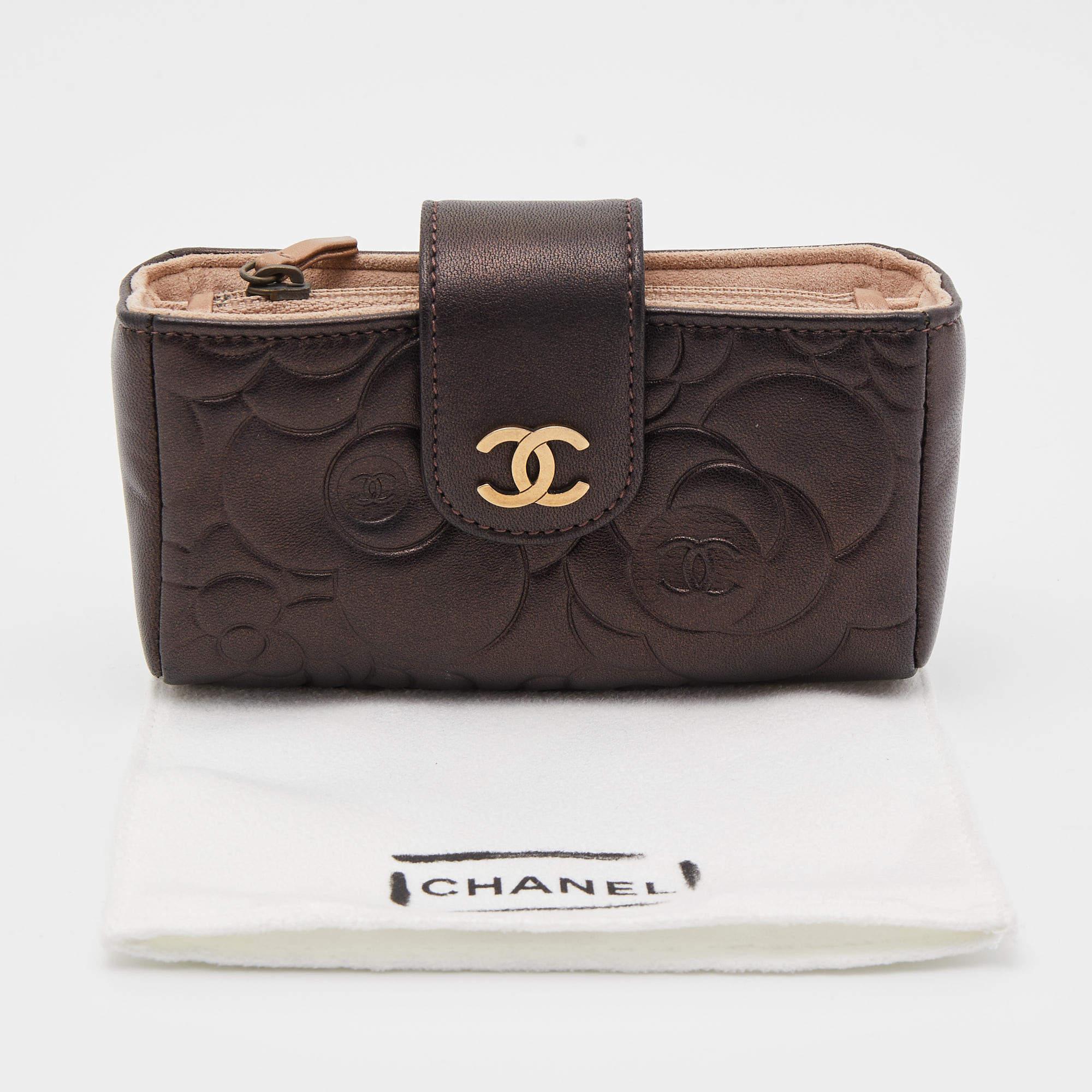 Chanel Bronze Leather Camelia Embossed Phone Pouch 1