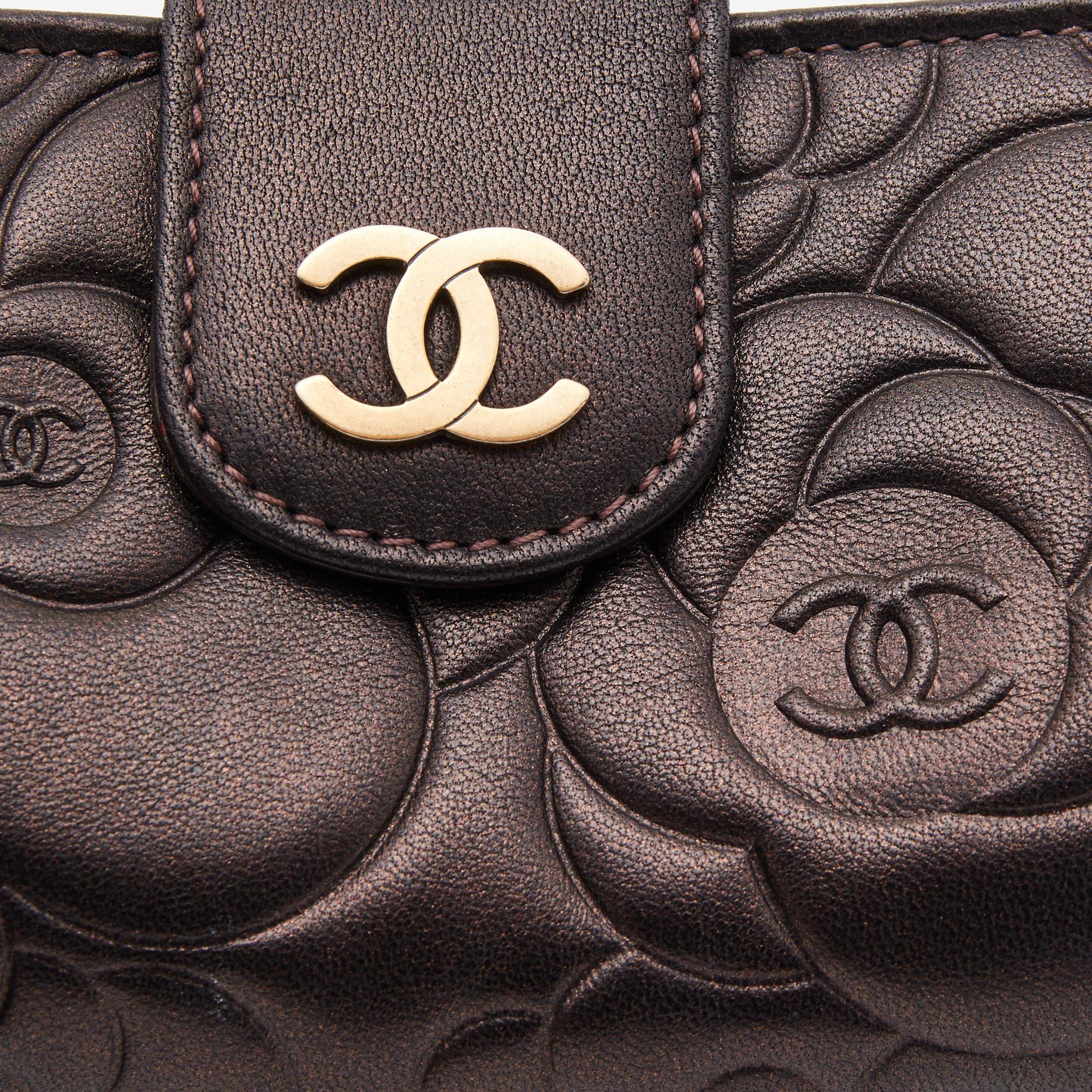 Chanel Bronze Leather Camelia Embossed Phone Pouch 4