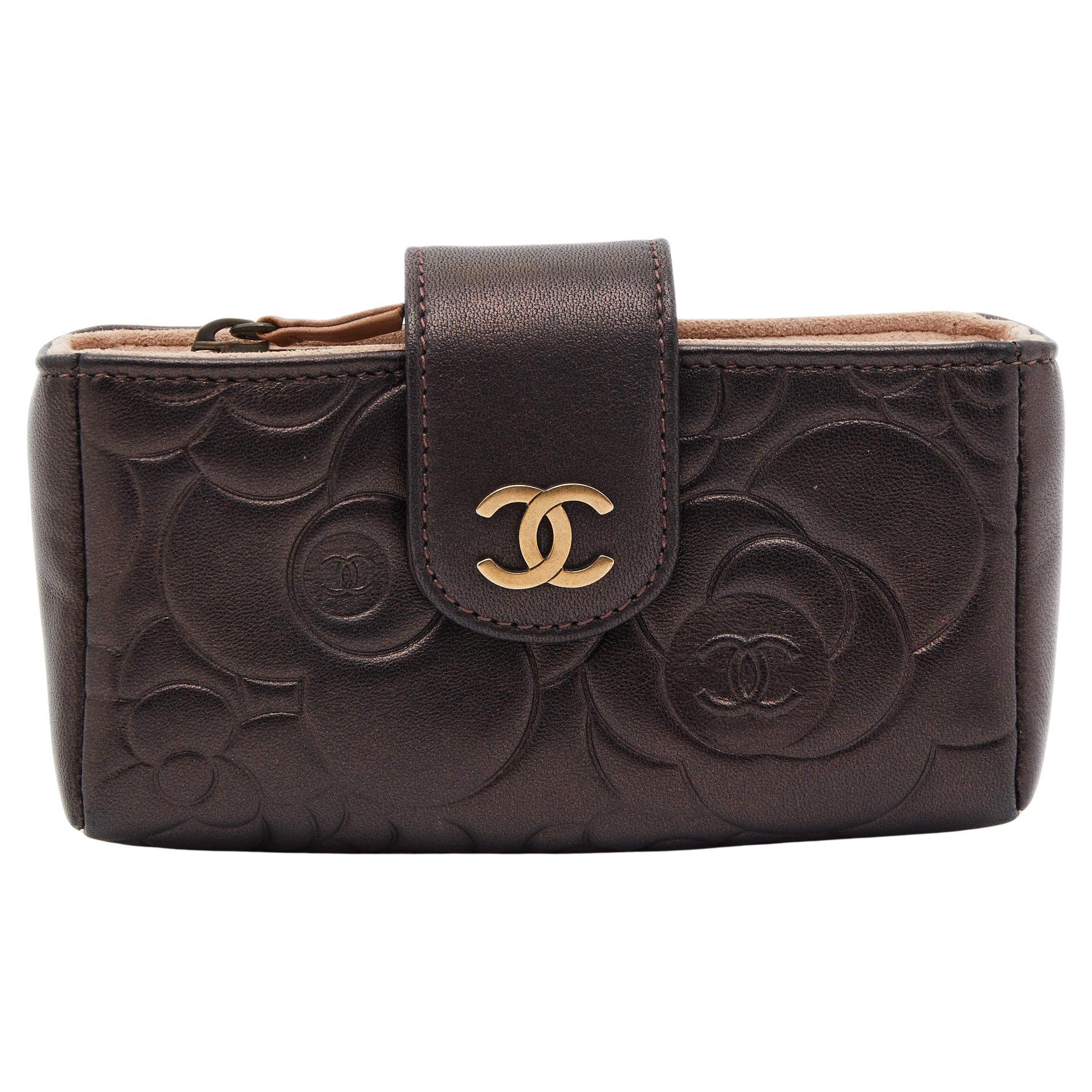 Chanel Bronze Leather Camelia Embossed Phone Pouch