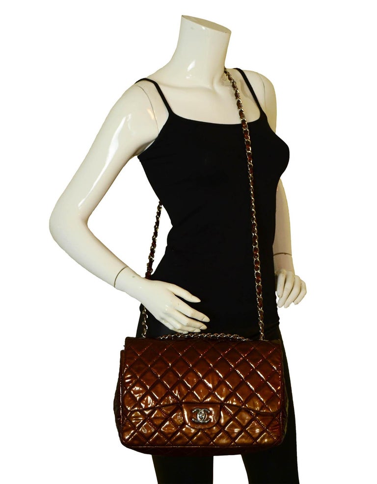 Brown Chanel Bronze Patent Leather Quilted Single Flap Jumbo Classic Bag For Sale
