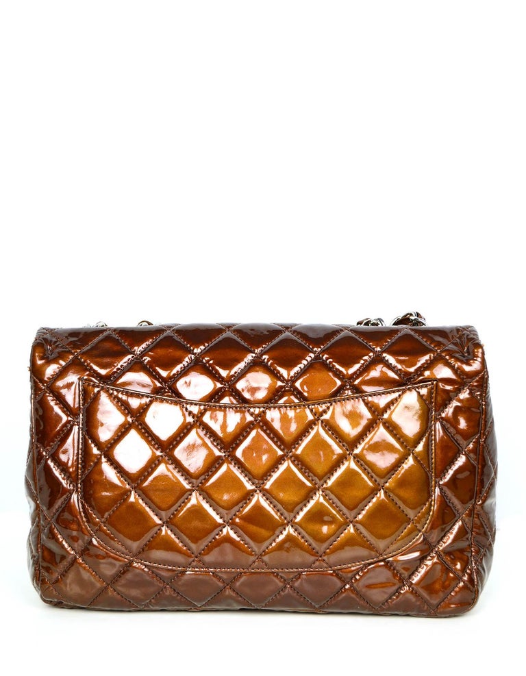 Chanel Bronze Patent Leather Quilted Single Flap Jumbo Classic Bag In Excellent Condition For Sale In New York, NY