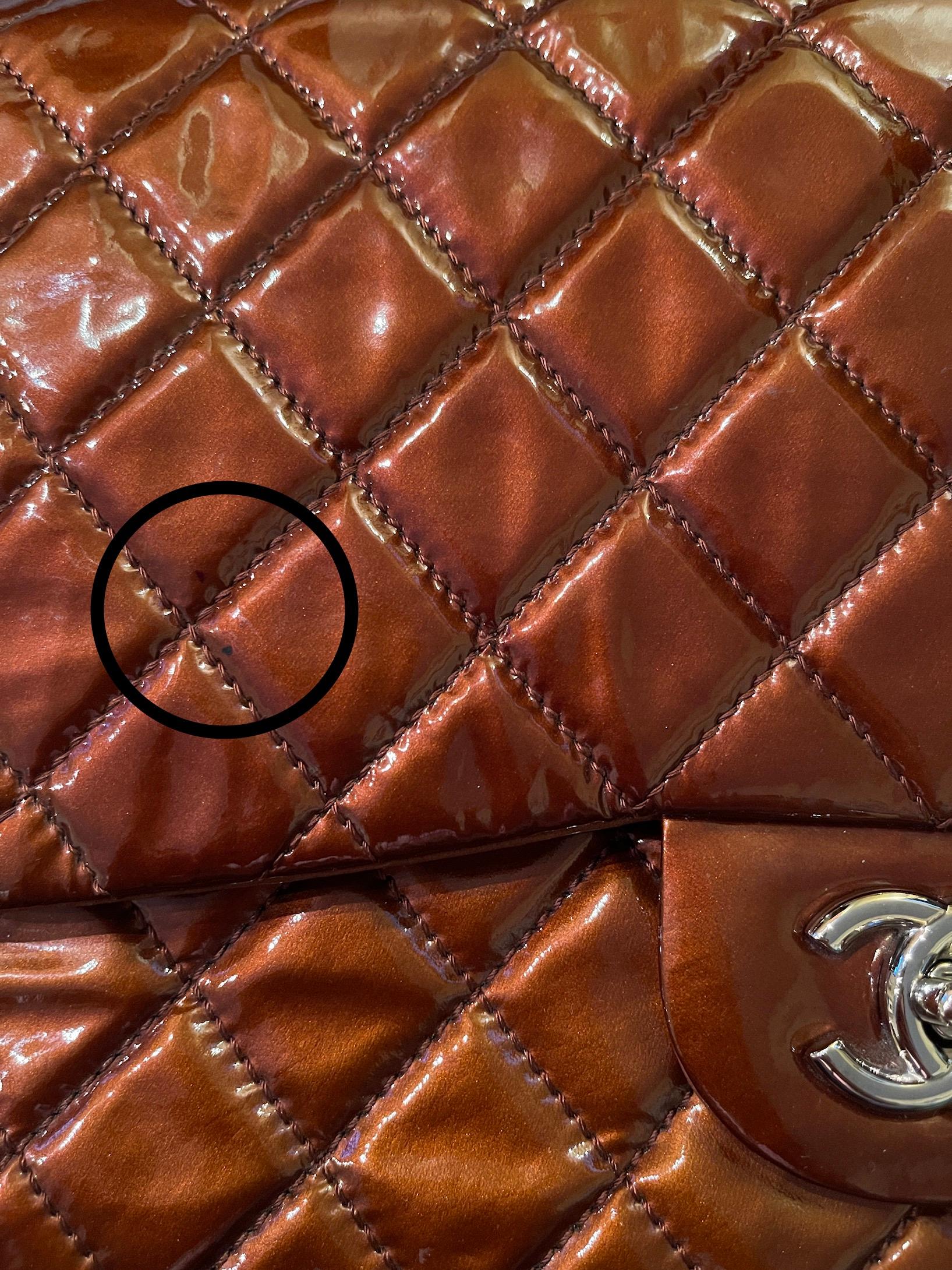 Chanel Bronze Patent Leather Quilted Single Flap Jumbo Classic Bag In Excellent Condition In New York, NY