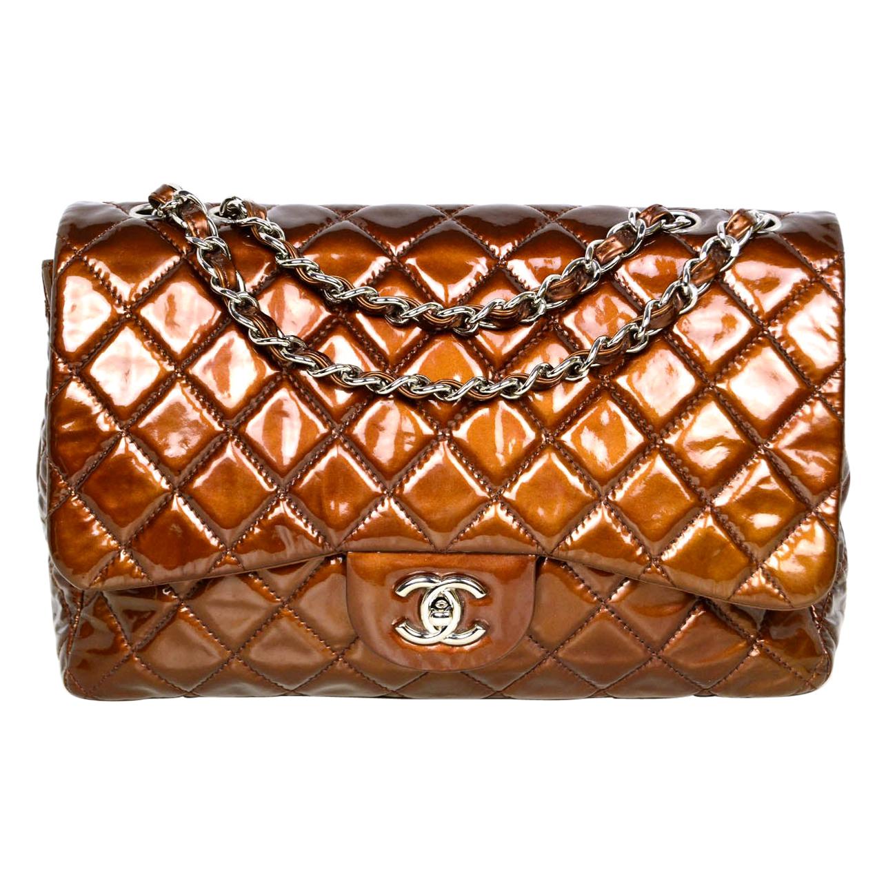 Chanel Bronze Patent Leather Quilted Single Flap Jumbo Classic Bag