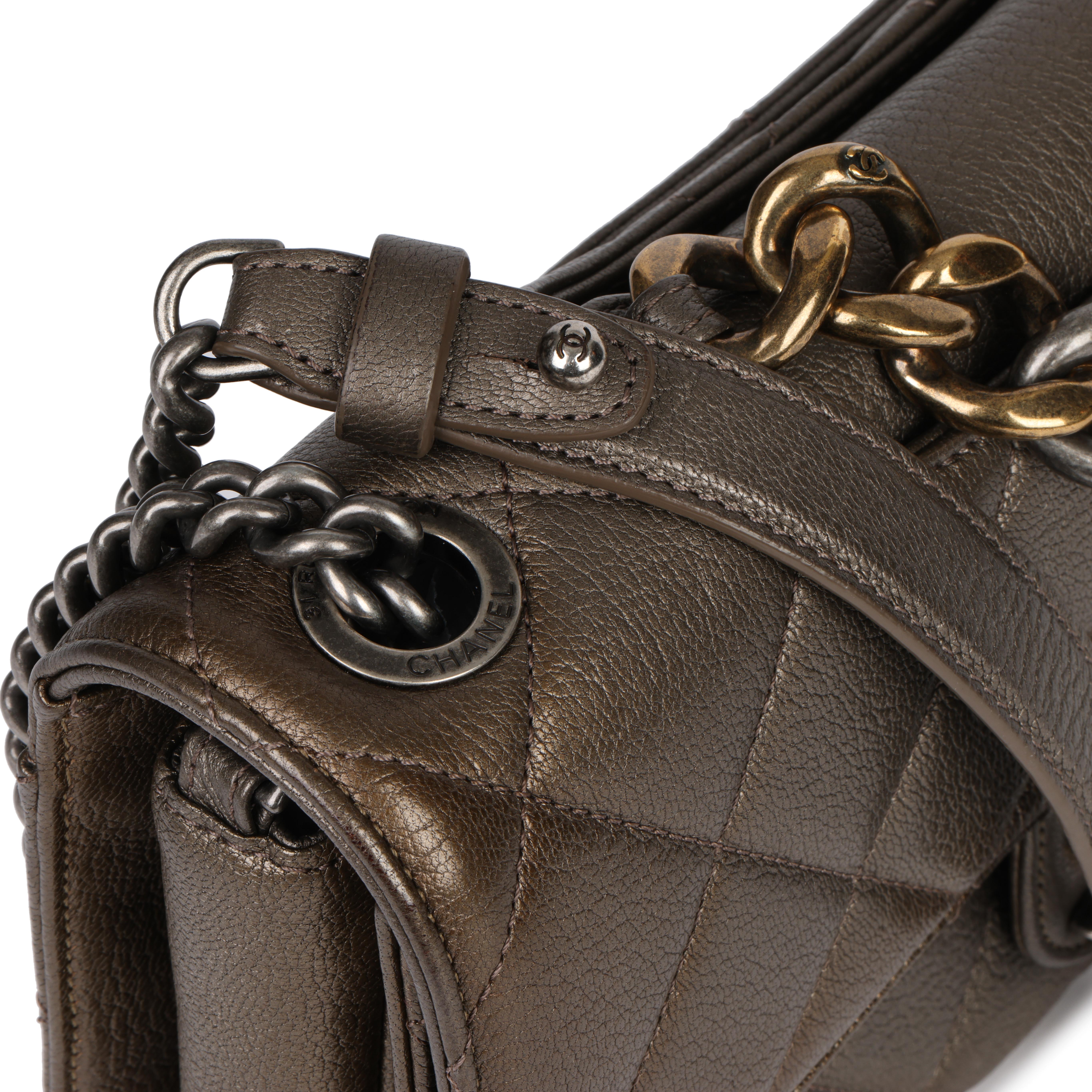 Chanel Bronze Quilted Metallic Goatskin Leather Medium Perfect Edge Flap Bag In Excellent Condition In Bishop's Stortford, Hertfordshire