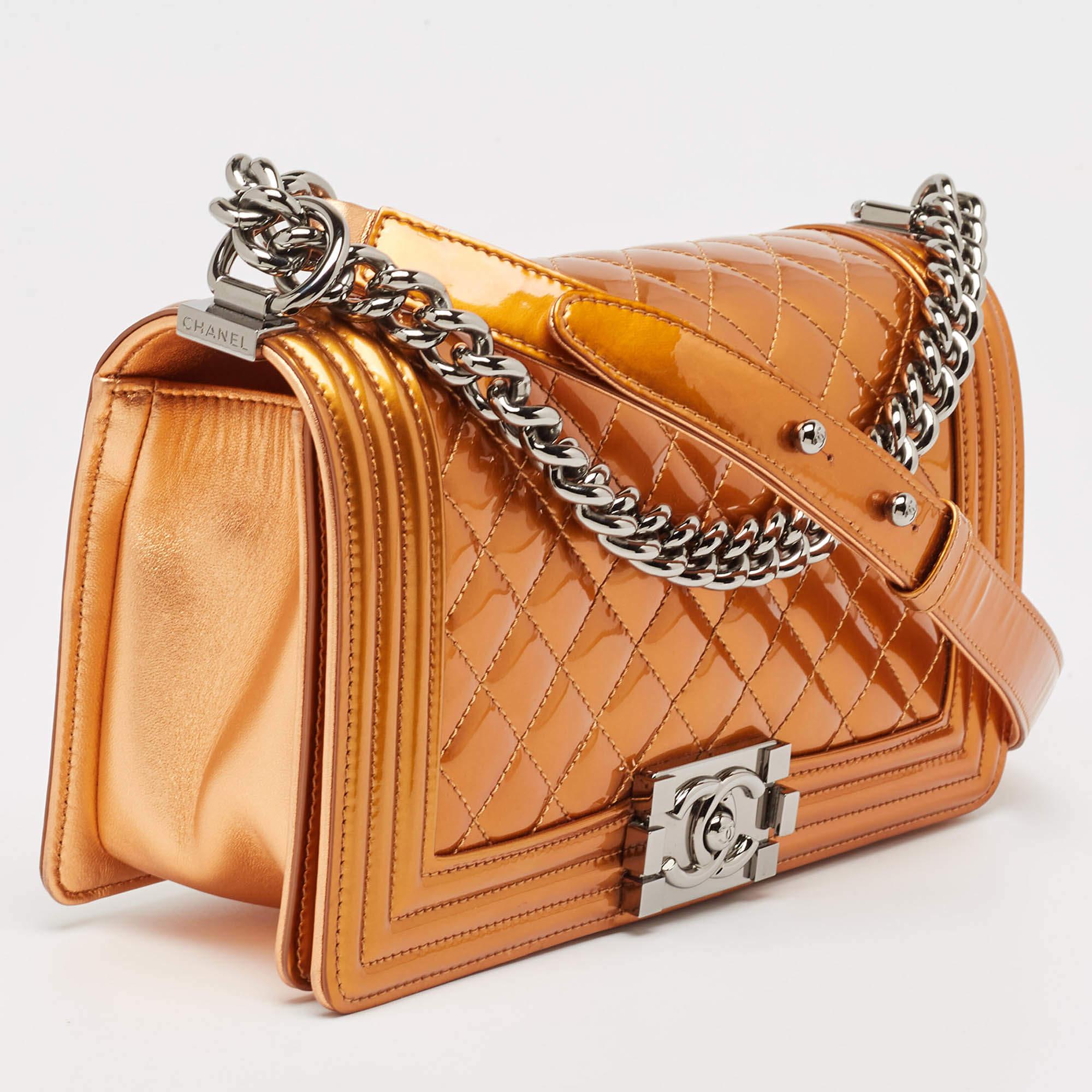 Orange Chanel Bronze Quilted Patent Leather Medium Boy Flap Bag