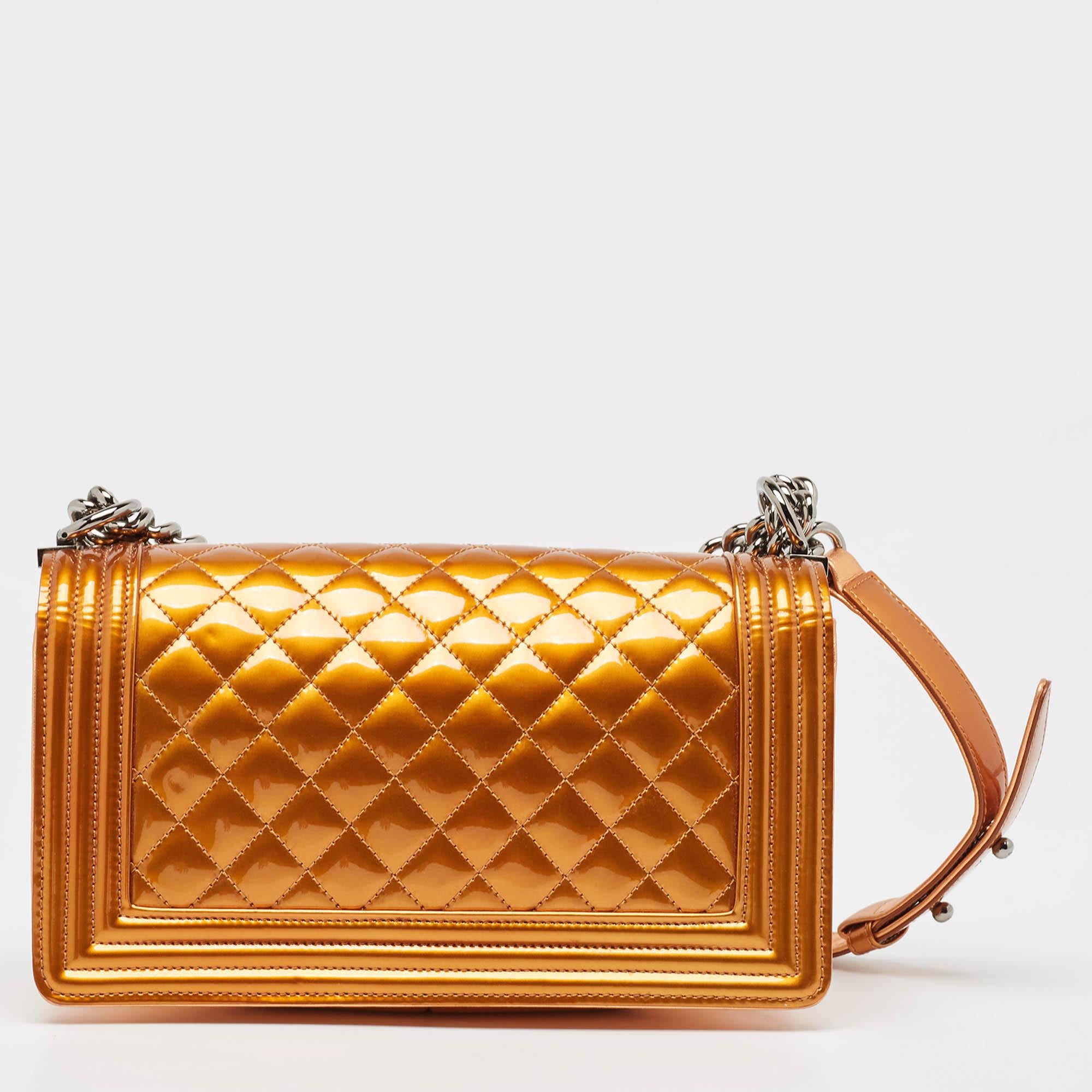 Chanel Bronze Quilted Patent Leather Medium Boy Flap Bag In Excellent Condition In Dubai, Al Qouz 2