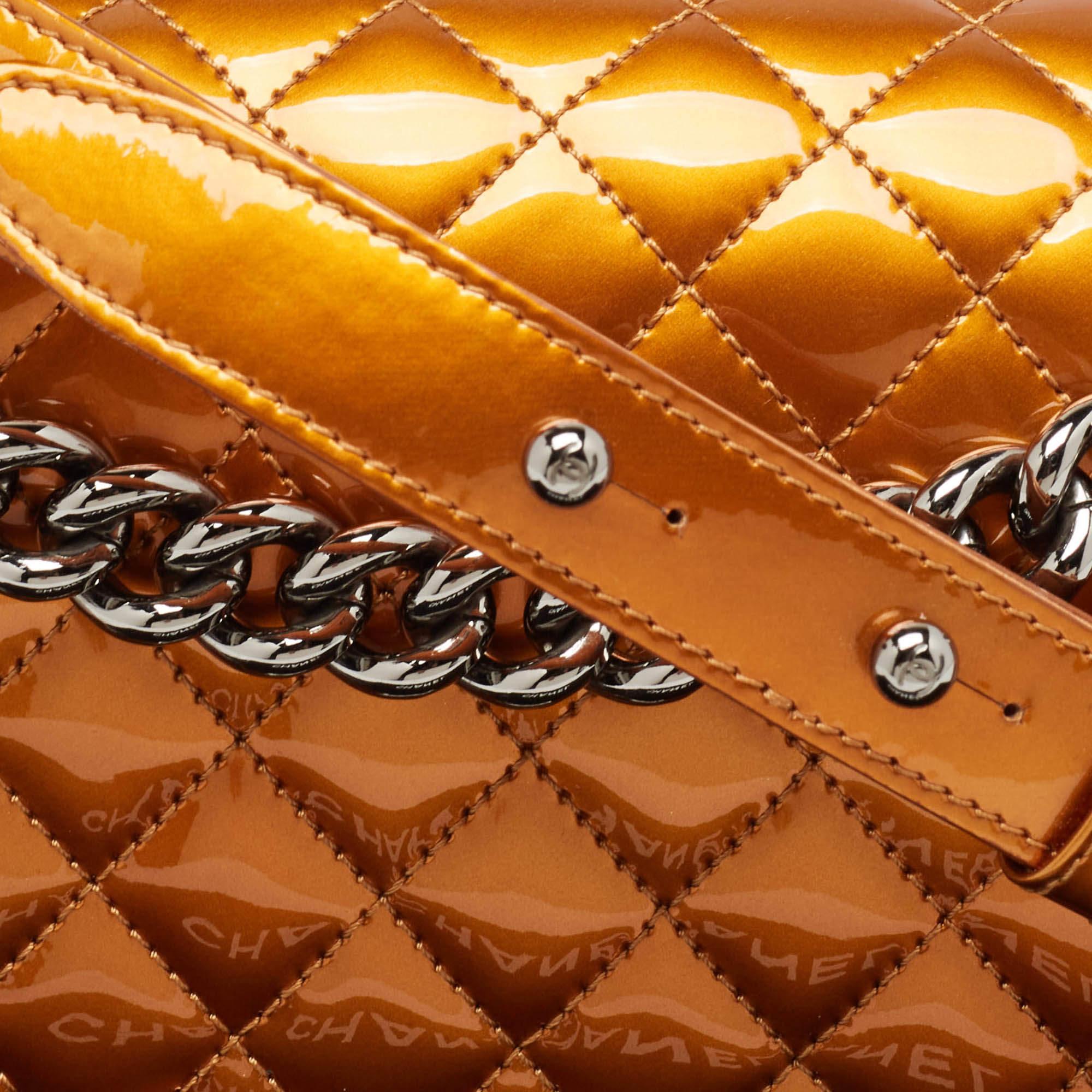 Women's Chanel Bronze Quilted Patent Leather Medium Boy Flap Bag