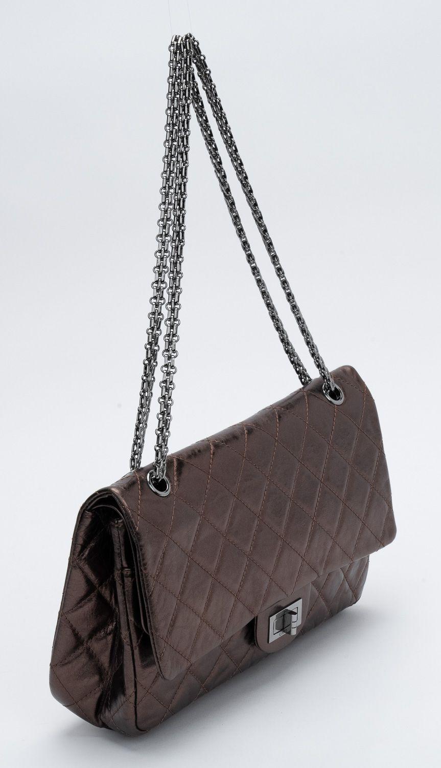 Chanel bronze reissue distressed leather jumbo double-flap bag with ruthenium hardware. Collection 12. Comes with hologram and original dust cover.