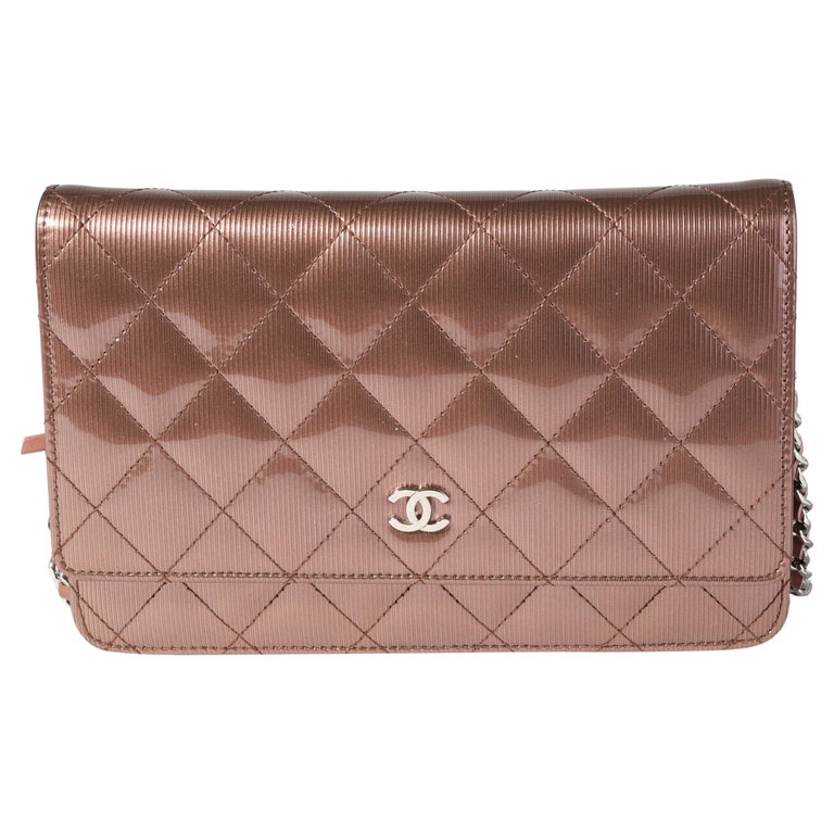 Chanel Bronze Vertical Stripe Quilted Patent Leather Wallet On Chain
