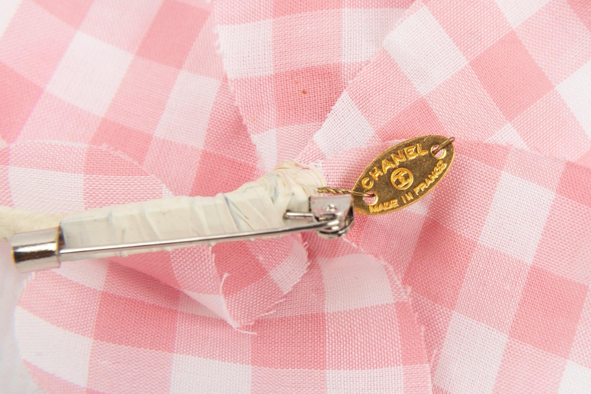 Women's Chanel Brooch Camellia Made of Pink and White Gingham Fabric, 1990s For Sale