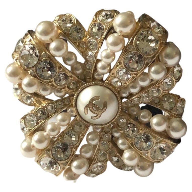 Chanel Pearl Brooch CC Logo & Crystals Pin Box