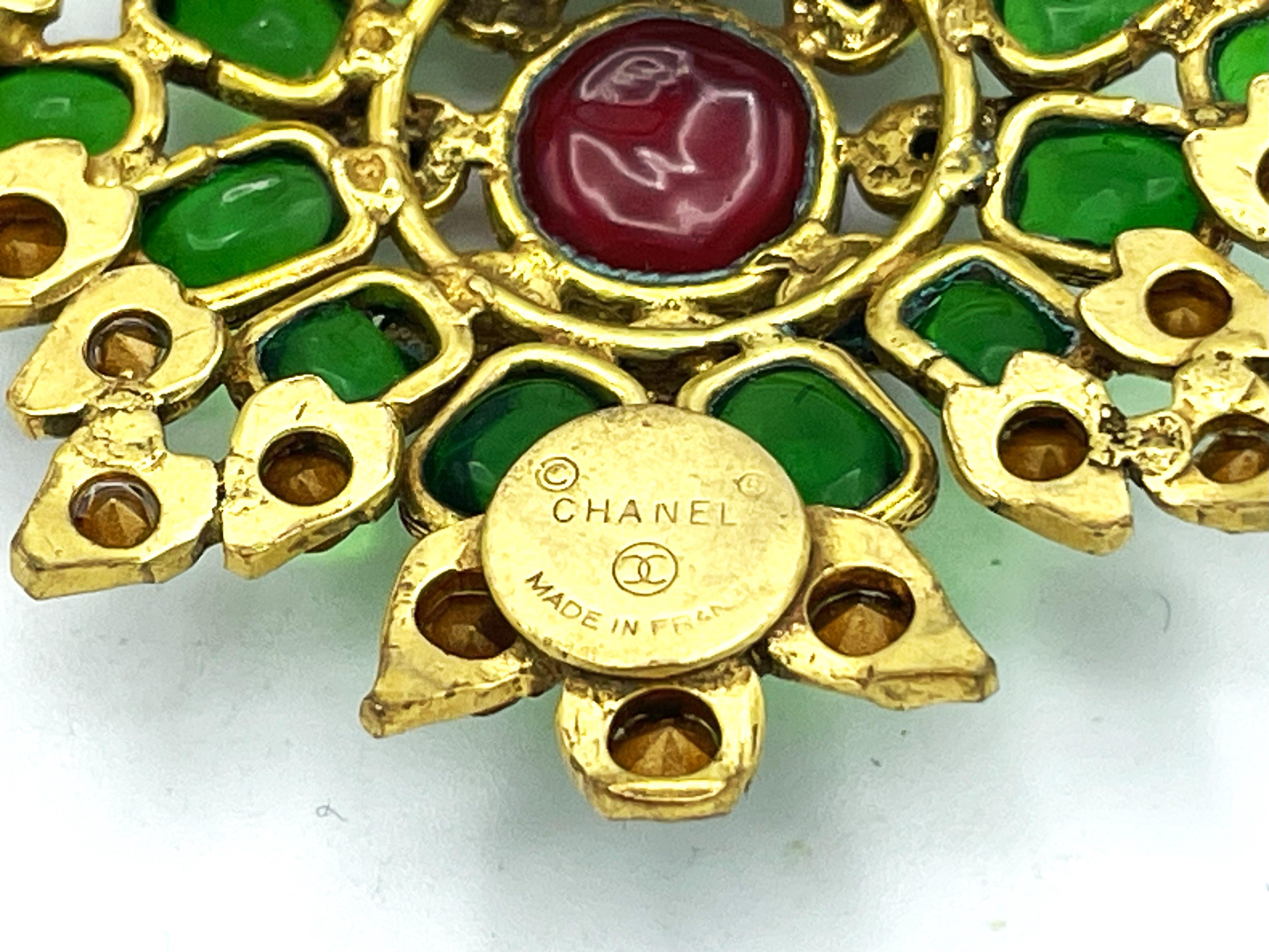 Baguette Cut CHANEL BROOCH, green and red Gripoix glass, rhinestons, signed 1970/80, France   For Sale
