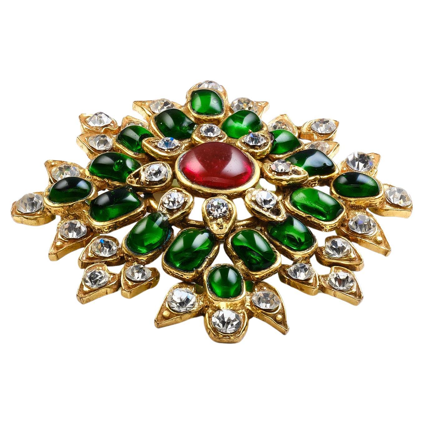 CHANEL BROOCH, green and red Gripoix glass, rhinestons, signed 1970/80, France   For Sale