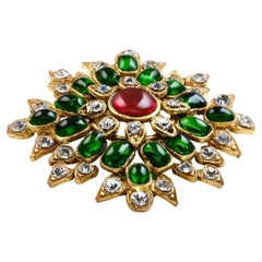 Vintage CHANEL BROOCH, green and red Gripoix glass, rhinestons, signed 1970/80, France